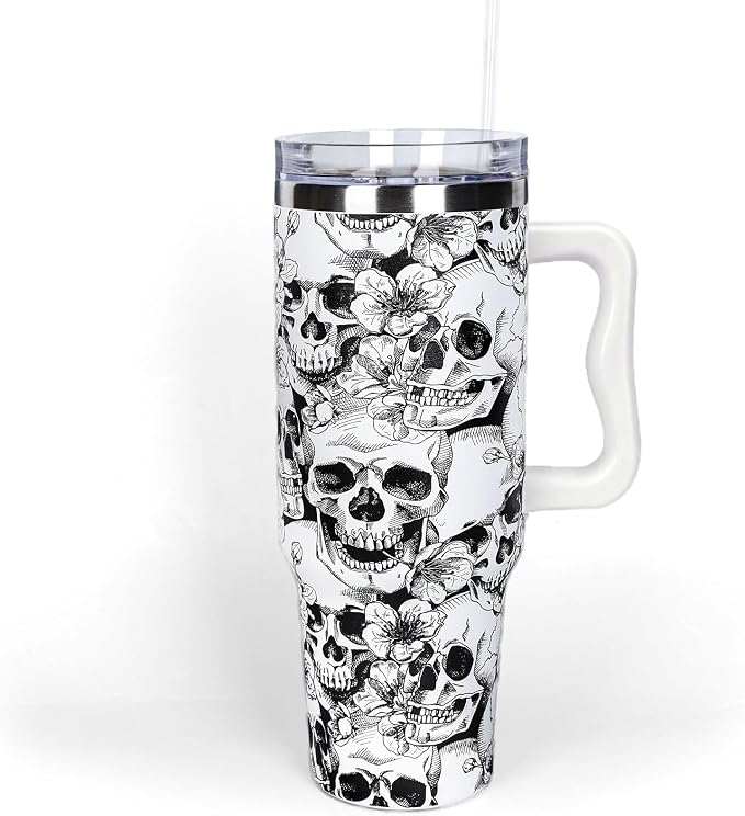 Whaline 40 oz Halloween Skull Tumbler with Straw and Lid Spooky Skull Flower Travel Coffee Tumbler Cup with Handle for Trick or Treat Birthday Party Gifts - skull bottle