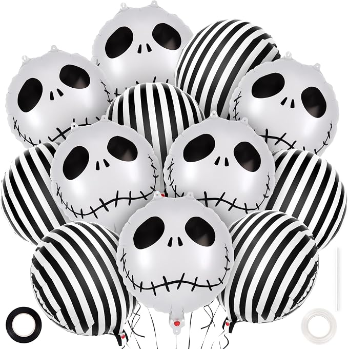 12 Pcs Black and White Striped Balloons, Skeletons Skull Foil Balloons, Halloween Party Decorations, Halloween Balloon for Hallow Birthday Baby Shower Masquerade Themed Party Decorations - skull inflatable