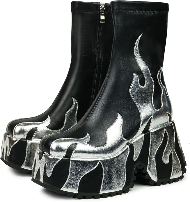 HiColor Women's Red Flames Printing Chunky Sole Boots, Ankle-High, Zipper Closure, Round Toe, Platform Heel, All-Season, Women's Casual Boots - sugar skull boots