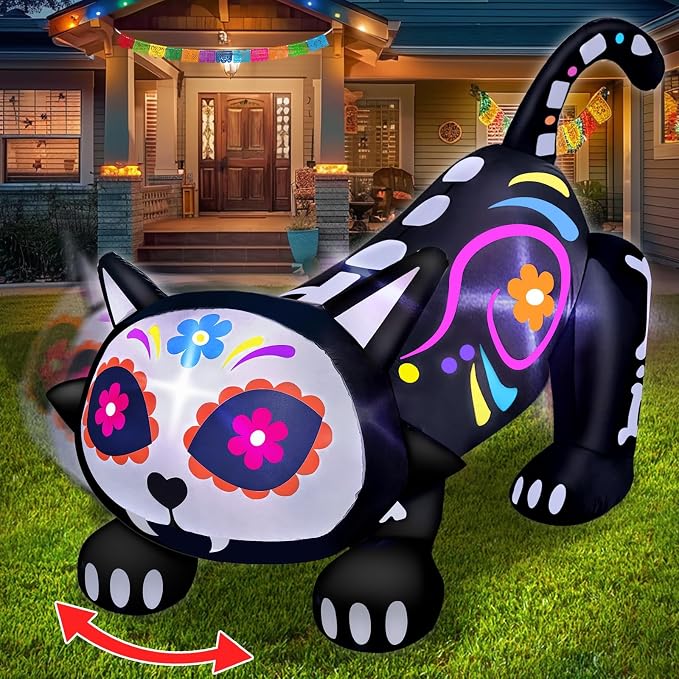 Rotating Head - 5 Ft Day of The Dead Inflatables Sugar Skull Black Cat - skull inflatable