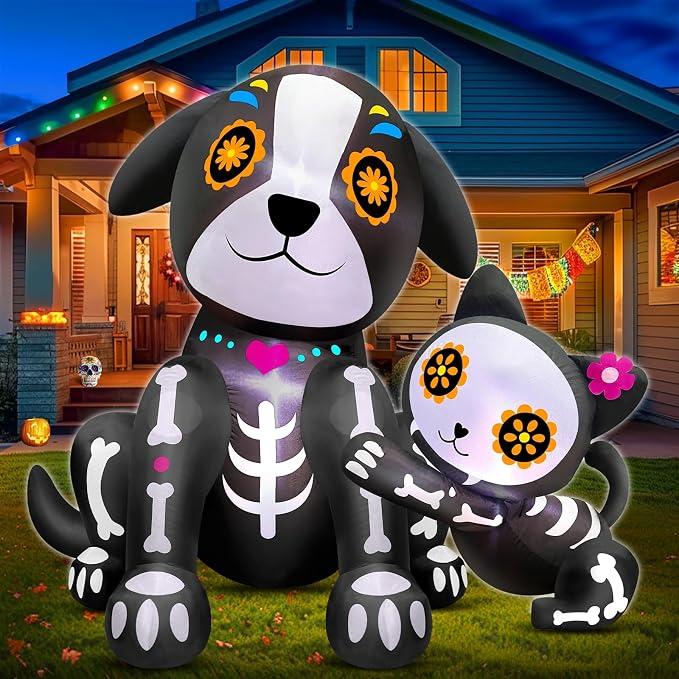 5 Ft Day of The Dead Inflatables Black Cat & Skull Dog with Built-in LEDs
