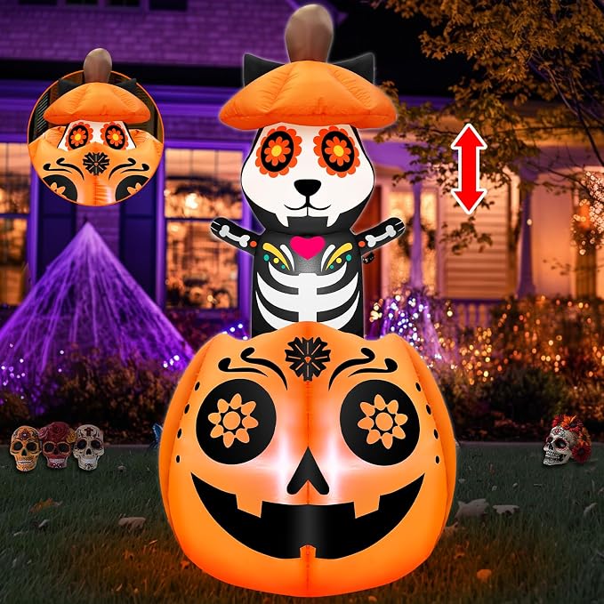 5 Ft Day of The Dead Inflatable Animated Sugar Skull Black Cat On Pumpkin - skull inflatable