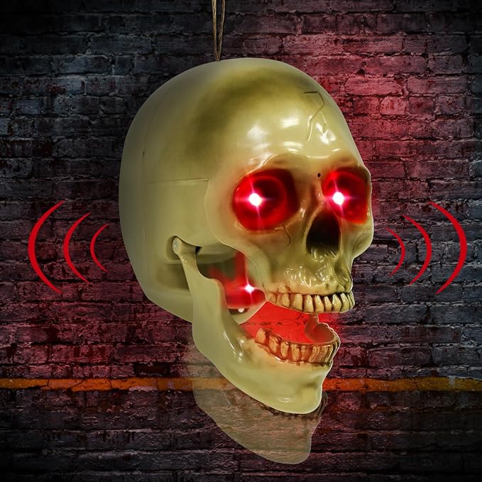 Halloween Animatronic Talking Hanging Skull Head Decorations Outdoor