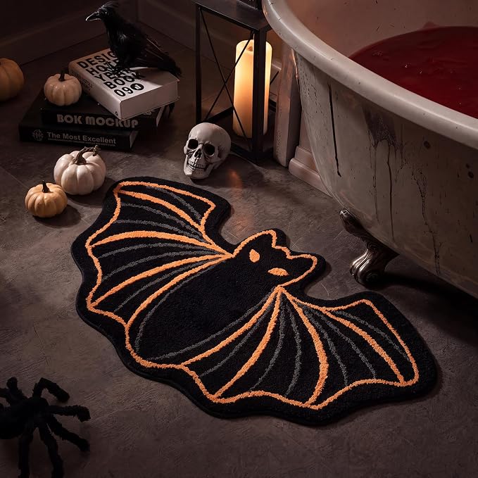 Phantoscope Helloween Bathroom Rug Black Bat Shaped Area Rug, Soft Tufted Mat for Front Door Living Bedroom Bathroom, Non-Slip Decorative Rug, Gothic Halloween Decor Door Mat, Black 25 x 47 inch