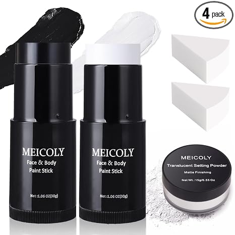 Black White Face Body Paint Stick Set with Sponges and Setting Powder,Face Paint Stick for Adults and Kids,Clown White Makeup,Face Painting for Halloween SFX Skull Zombie Skeleton Goth Makeup - sugar skull makeup