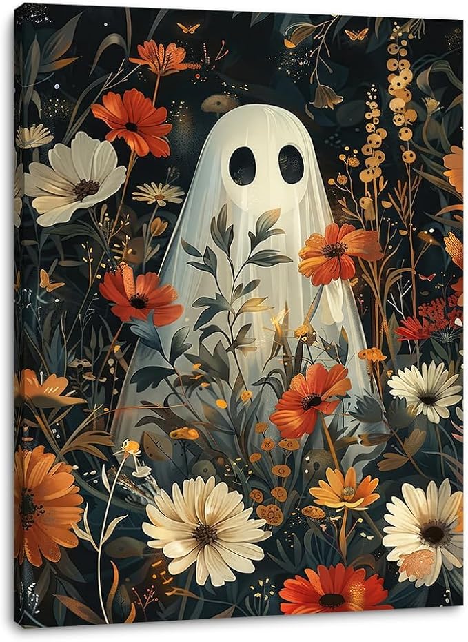 Daktenn Halloween Canvas Wall Art, Cute Floral Ghost In Haunted Forest Poster, Funny Dark Romantic Ghost Print Decorations, Dark Academia Halloween Wall Decor 12x16in White - skull wall art