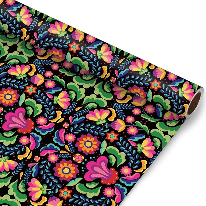JarThenaAMCS Halloween Wrapping Paper -Mini Roll- 17in x 32.8Ft Day of The Dead Mexican Floral Gift Wrap Paper for Party Wrapping Supplies - skull toilet paper