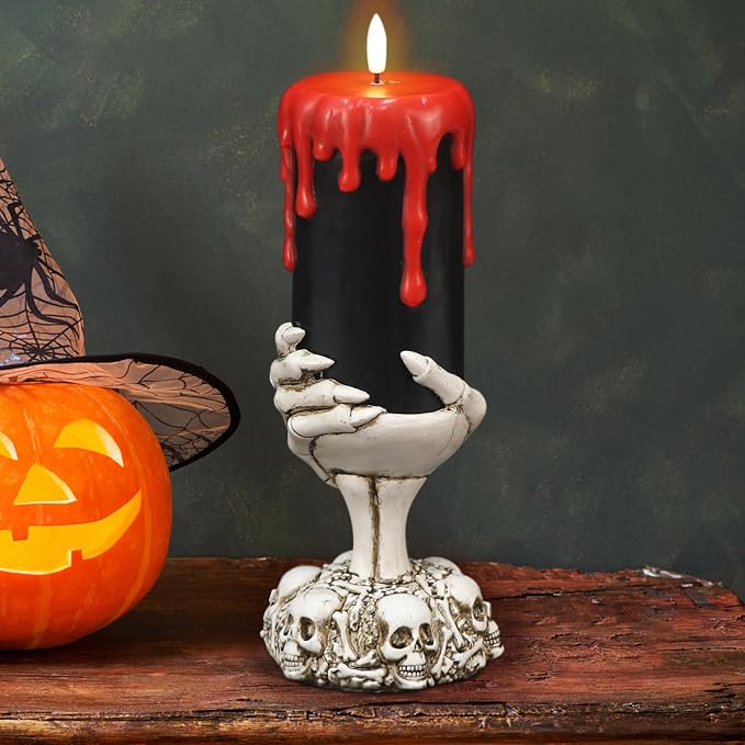 Black Flameless Flickering Candles with Timer, Blood Dripping Wax Effect Battery Operated LED Pillar Candle with Skeleton Hand Candle Holder Halloween Table Centerpiece Decor(4" x 11") - skull lamp
