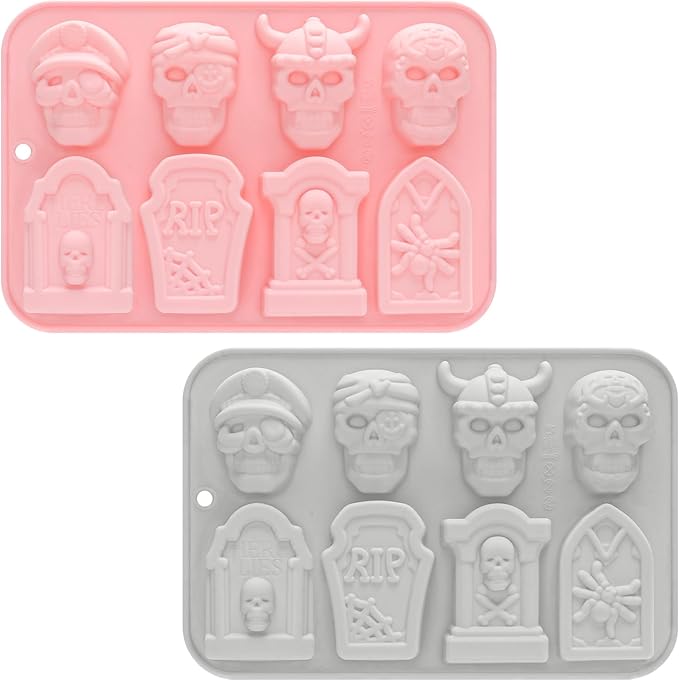 Silicone Ice Cube Trays 2PCS Brain Skull RIP Gravestone Mold for Ice, Candy, Cake, Soap, Chocolate, Halloween (Pink&Gray, 2P RIP Pirate) - skull ashtray