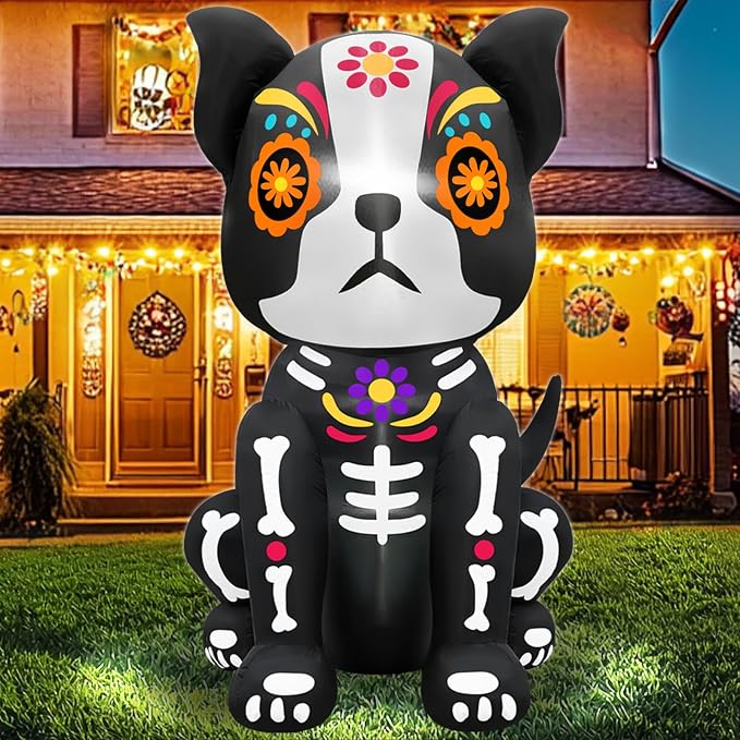 4 Ft Day of The Dead Inflatables Outdoor Sugar Skull Dog with Built-in LEDs - skull inflatable