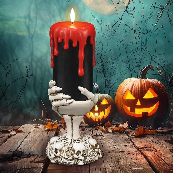 Eldnacele Black Flameless Pillar Candle Battery Operated with 6 Hour Timer - skull candle