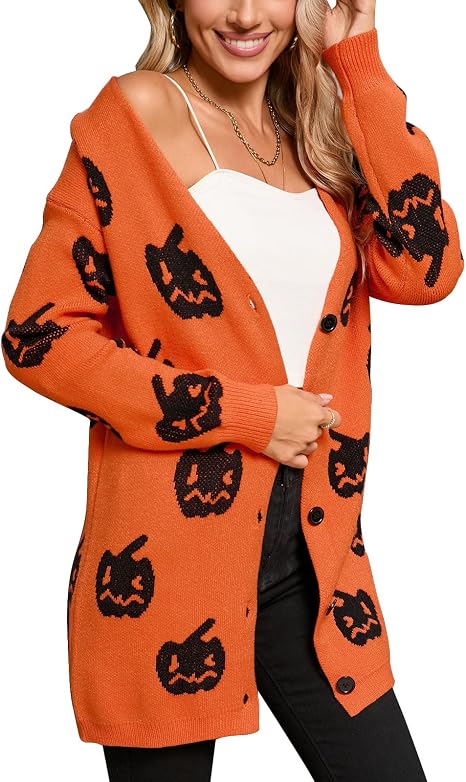 Women's Halloween Cardigan Sweaters Casual Button Down Cardigan - skull jacket