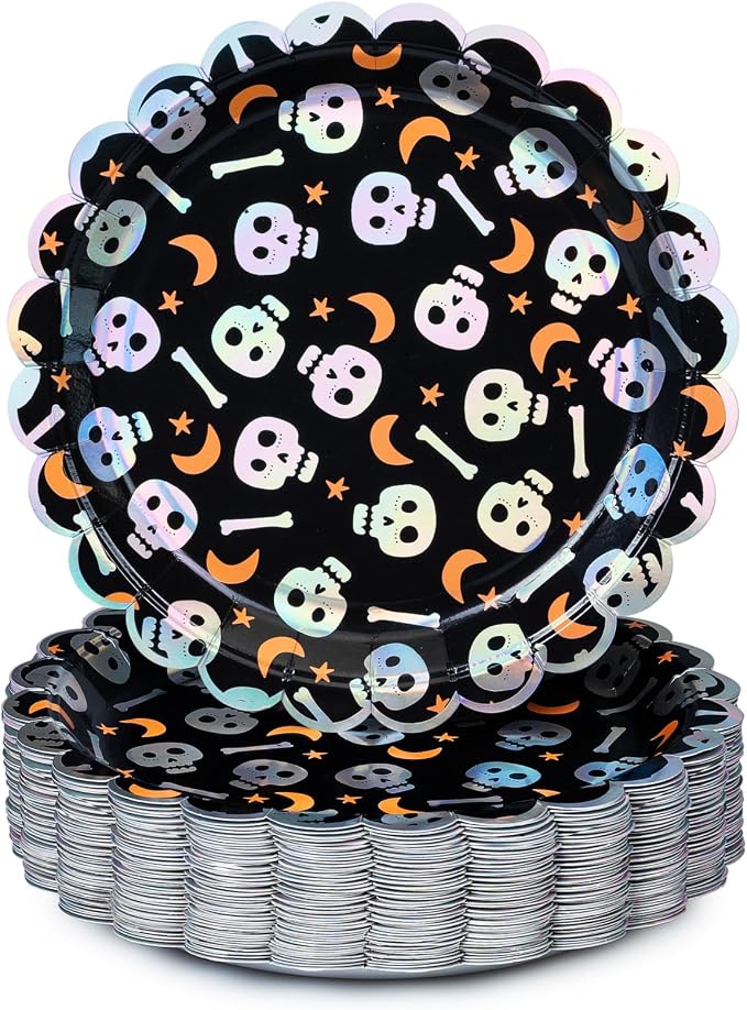 Halloween Paper Plates, 50-Count Disposable Halloween Dinner Plates, Scalloped, Party Supplies, Skull, Iridescent Silver Foil - skull plate