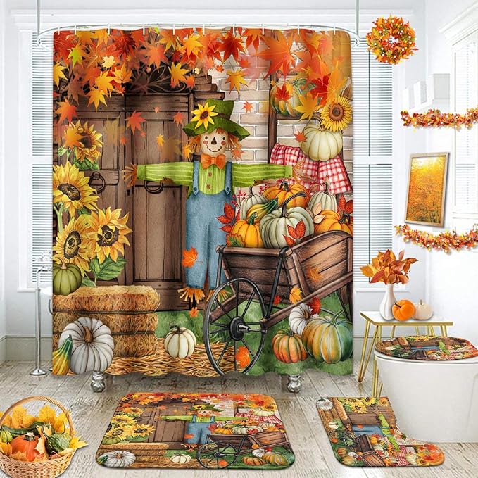 ArtSocket Fall Bathroom Sets with Shower Curtain and Rugs, Scarecrow