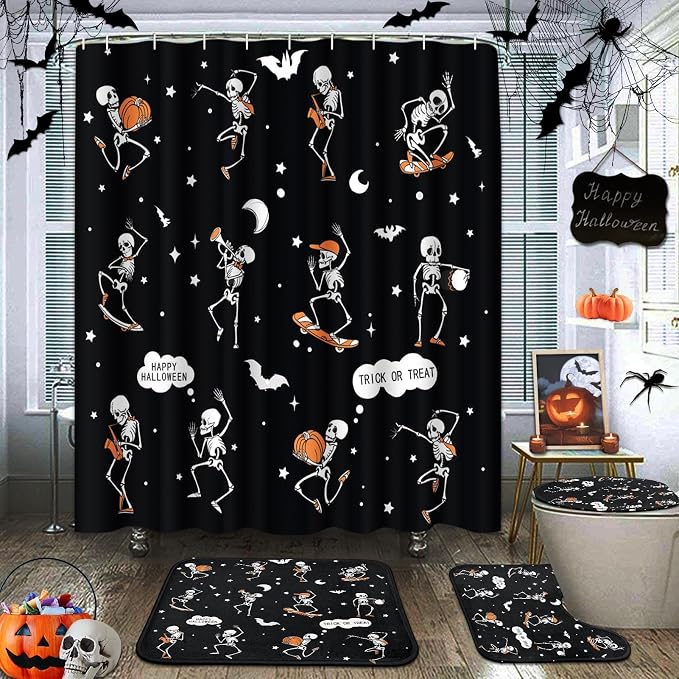 ArtSocket Halloween Bathroom Sets with Shower Curtain and Rugs Skull Black - skull toilet mat