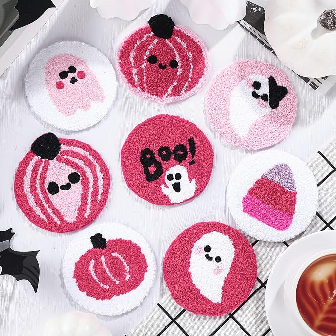 8 Pcs Tufted Halloween Coaster for Drink Ghost Pumpkin Coaster 3.1'' Pink and White Tufted Cup Mat Pad for Drinks Beverage Boo Candy Corn Mug Cup Car Desk Home Party Halloween Decor - skull coaster