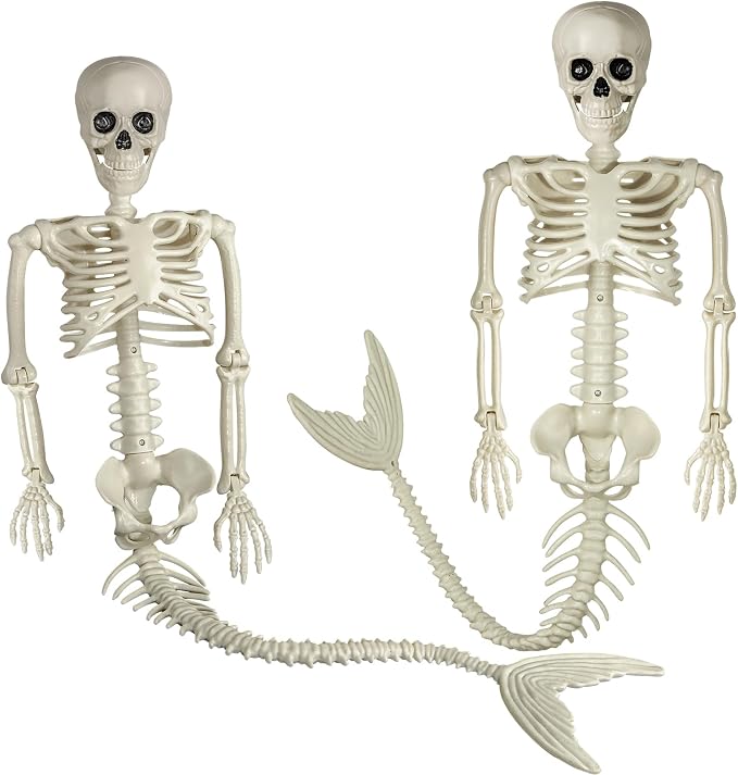 38 Inches Halloween Mermaid Skeleton, 2Pcs Skeleton Mermaid with Posable Movable Jonints and Soft Tail for Halloween Decoration Decor Spooky Scene Party Favors - skeleton