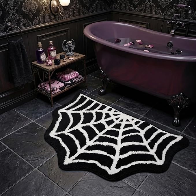 Spider Web Bathroom Rugs, 31″×20″ Halloween Bath Mat Non-Slip Bath Rug Machine Washable Goth Rug, Small Area Rugs for Front Door Bedroom Kitchen（Black）