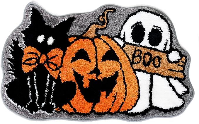 Whaline Halloween Bath Rug Tufted Bath Mat, Ghost Pumpkin Black Cat - skull floor mat