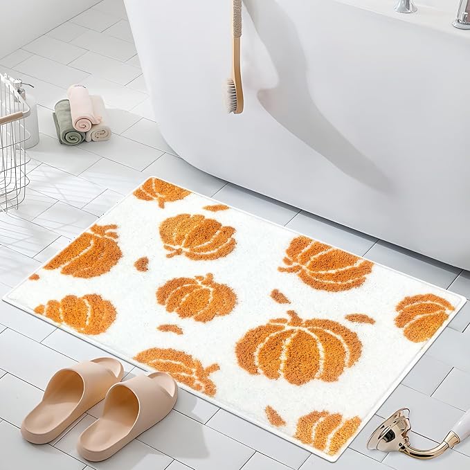 Fall Pumpkin Bath Mats for Bathroom, Thanksgving Super Absorbent Non-Slip Microfiber Shaggy Bath Rugs, Autumn Bathroom Mat for Shower, Tub, Sink, Decor, Machine Washable, 17x24 in, Orange - skull toilet mat