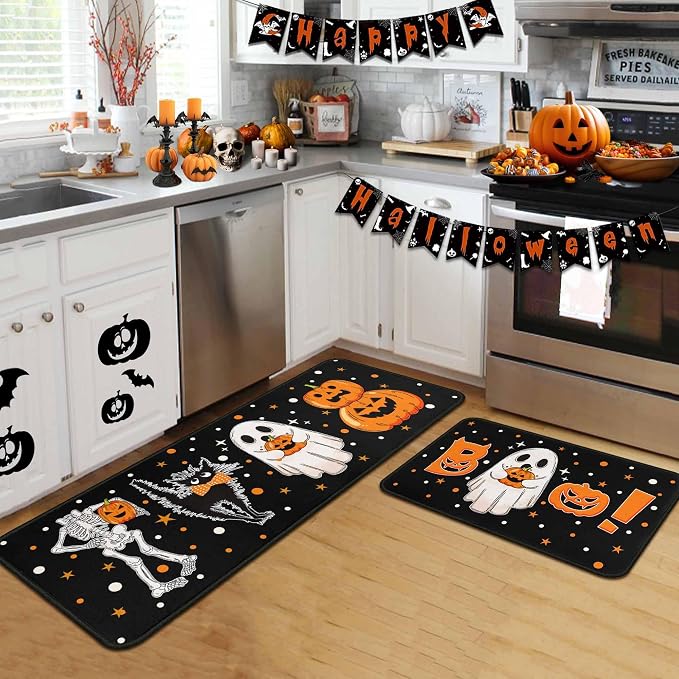 Halloween Kitchen Rugs and Mats for Floor, Halloween Decorations for Home, 2 Pcs Non-Slip Backing Pumpkin Mat, Halloween Decor Holiday Kitchen Rug Sets with Runner (Boo, 17″x47.2″+17″x30″)