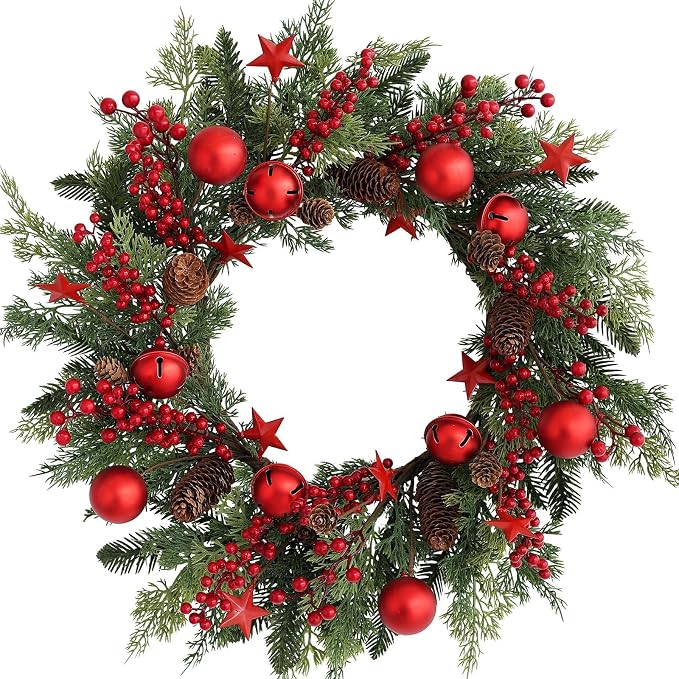 Christmas Red Wreaths for Front Door 20 Inches, Xmas Farmhouse Winter Wreath with Bells Balls Berry Stars for Window Outdoor Outside, Artificial Holiday Rustic Wreath for Indoor Porch Decor - skull wreath