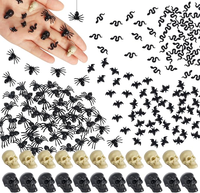 Hiawbon 200 pcs Mini Plastic Skull Heads Bats Realistic Spider - skull figurine
