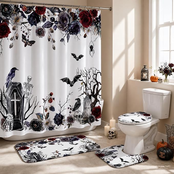 4 Pcs Gothic Halloween Shower Curtain Set Skull Floral Shower Bathroom Set - skull toilet mat