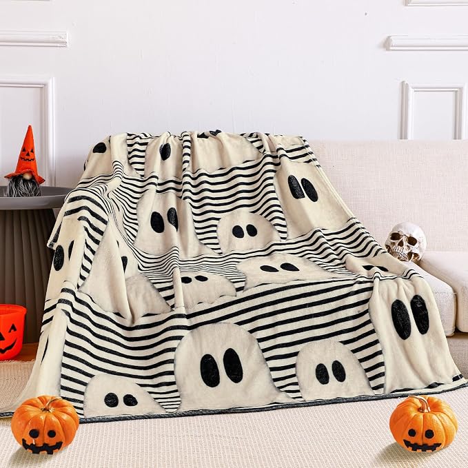 FuWeave Halloween Throw Blanket Cute Ghost Blanket Black and White Striped