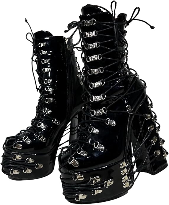 Frankie Hsu Handmade Goth Chunky Platform Ankle High Heeled Bootie, Lace Up Black Patent Silver Buckle Punk Gothic Y2K Hot Cool Girl Big Large Size Shoes For Women Men - sugar skull boots