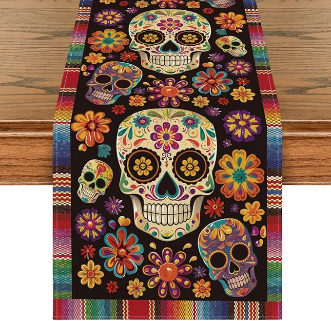Artoid Mode Flowers Sugar Skull Mexican Day of The Dead Table Runner, Dia De Los Muertos Kitchen Dining Table Decoration for Home Party Decor 13x72 Inch - skull plate