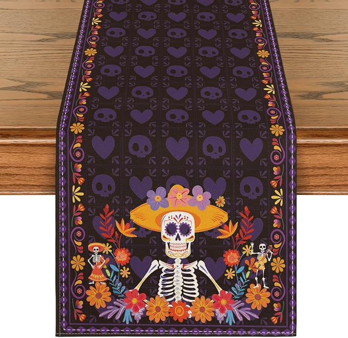 Artoid Mode Daisy Guitar Skull Day of The Dead Table Runner, Dia De Los Muertos Mexican Kitchen Dining Table Decoration for Home Party Decor 13x72 Inch - skull coaster