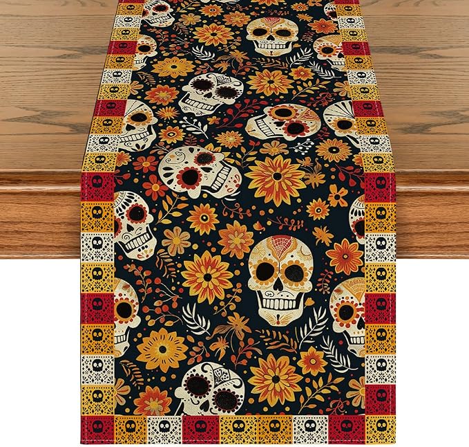 Artoid Mode Sugar Skull Yellow Daisy Day of The Dead Table Runner, Dia De Los Muertos Mexican Kitchen Dining Table Decoration for Home Party Decor 13×72 Inch