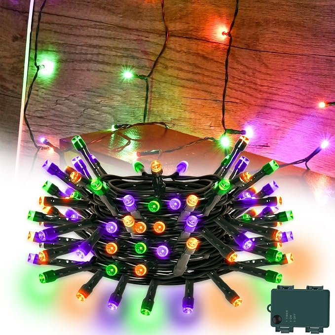 cshare Orange Purple Green String Lights Battry Operated with Timer Waterproof, Halloween String Lights for Outside 16.4ft 50LED Indoor Outdoor Halloween Decorations Garland Party Patio Garden Yard - string light