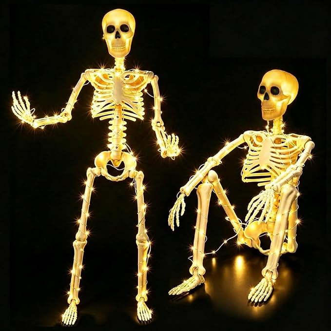 HBSTK 2 Pack 36 Inches 300 LED Light Up Halloween Skeleton Full Body Posable Movable Jonints for Halloween Decoration Décor - skeleton