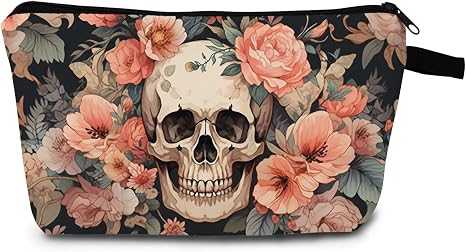 Floral Skull Cosmetic Bag Gothic Bloom Printed Design Makeup Organizer Edgy Travel Pouch for Music Festivals/Halloween Unique Dark Aesthetic Gift Idea - skull suitcase