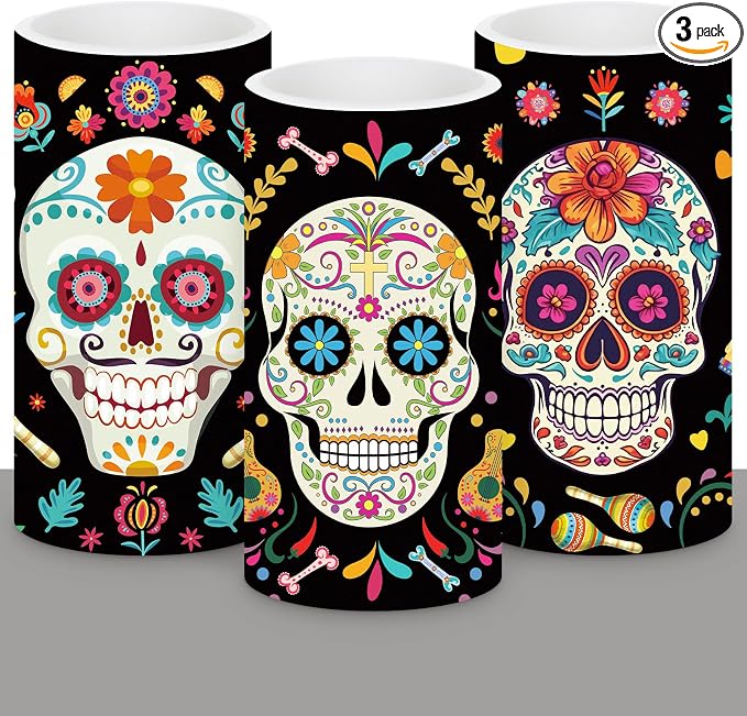 Retisee 3 Pcs Day of Dead LED Candles, Black Sugar Skull Flameless Decor - skull candle