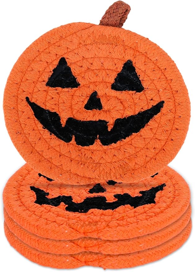 Whaline 4Pcs Halloween Pumpkin Handmade Braided Cotton Coasters Orange Black Pumpkin Shape Drink Coasters Absorbent Cup Mat for Home Office Party Decor, 4.7 Inch - skull coaster