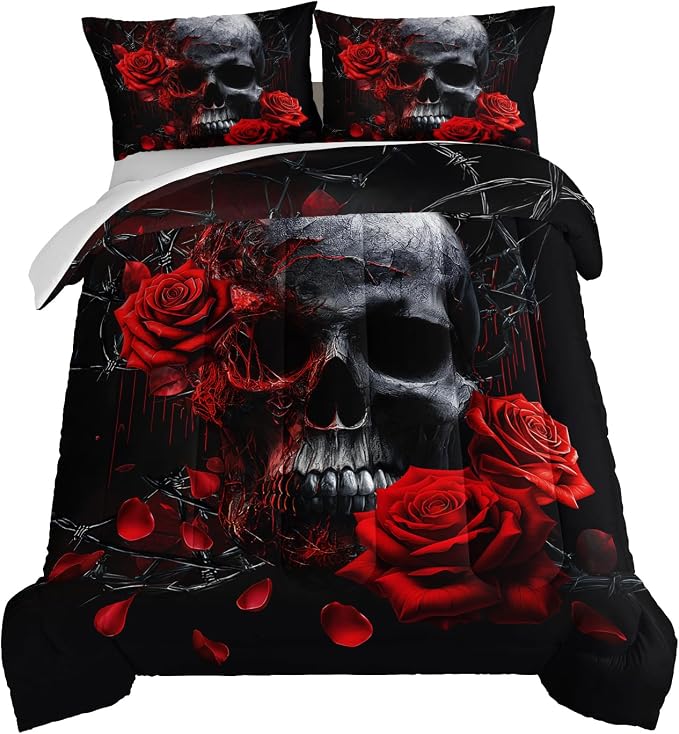 HOSIMA Death Skull Heads Floral Gothic Comforter Twin with 2 Pillowcases. - skull bedding