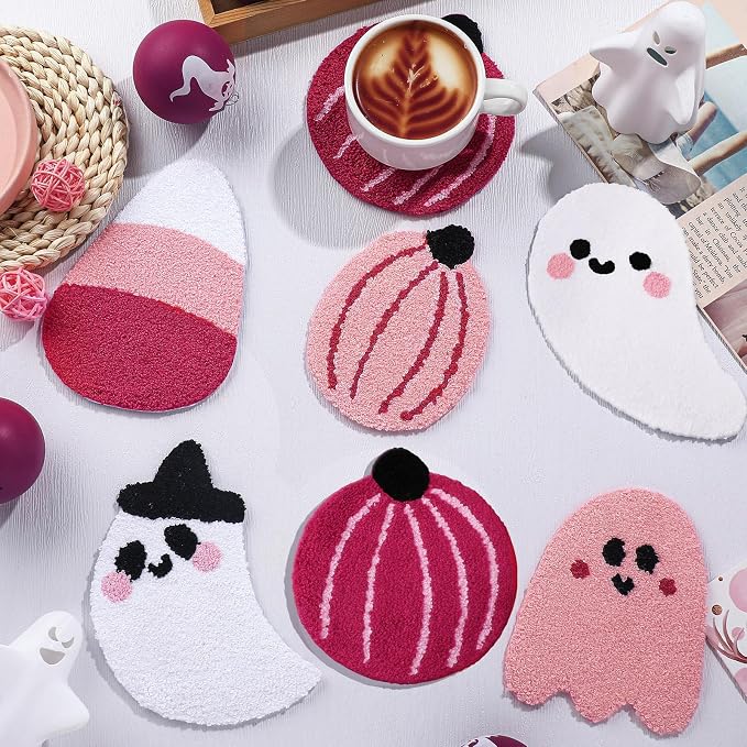 HunnmingRe 6 Pcs Pink Halloween Decorations, Ghost Pumpkin Tufted Absorbent - skull coaster