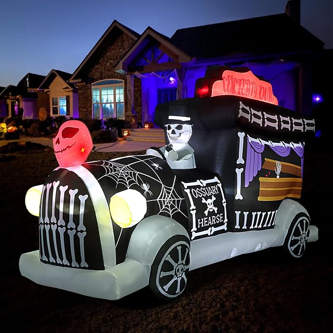 8.8Ft Long Halloween Inflatables Decorations, Inflate Hearse Coffin Tombstone Cemetery Tour Car Trick or Treat Truck Built-in Leds Halloween Blow Up Skull Spider Indoor Outdoor Yard Lawn Garden Decors - skull inflatable