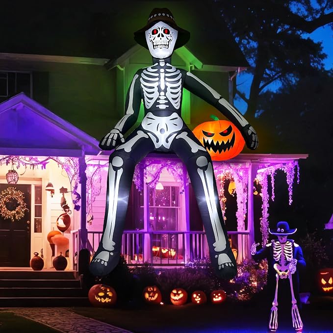 10 ft Inflatable Skeleton Halloween Decor Outdoor, Blow Ups Giant Skeleton - skull inflatable
