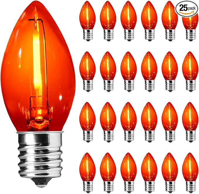 25 Pack C7 LED Clear Orange Replacement Bulbs for String Lights Outdoor, E12 Screw Base, 0.6W Night Light Plastic Bulbs for Halloween Fall Decor Indoor Outdoor Roofline Garden Yard Party Decorations - string light