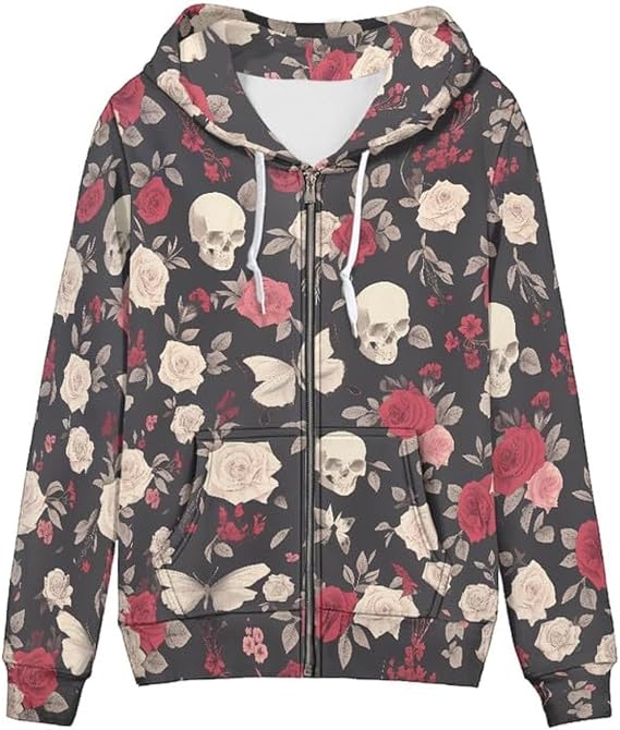 Irisjudy Gothic Women Casual Full Zip Up Hoodie Skulls Roses Print Fashion Jacket with Pocket Halloween Outfit Hooded Coat - skull sweatshirts