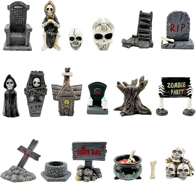 Suartus Halloween Miniature Figurines - 18Pcs Resin Ghost Tombstones Skull Heads Scene Ornaments Halloween Garden Accessories Mini Figurine Decorations for Outdoor Statues Home Village Crafts Decor - skull figurine