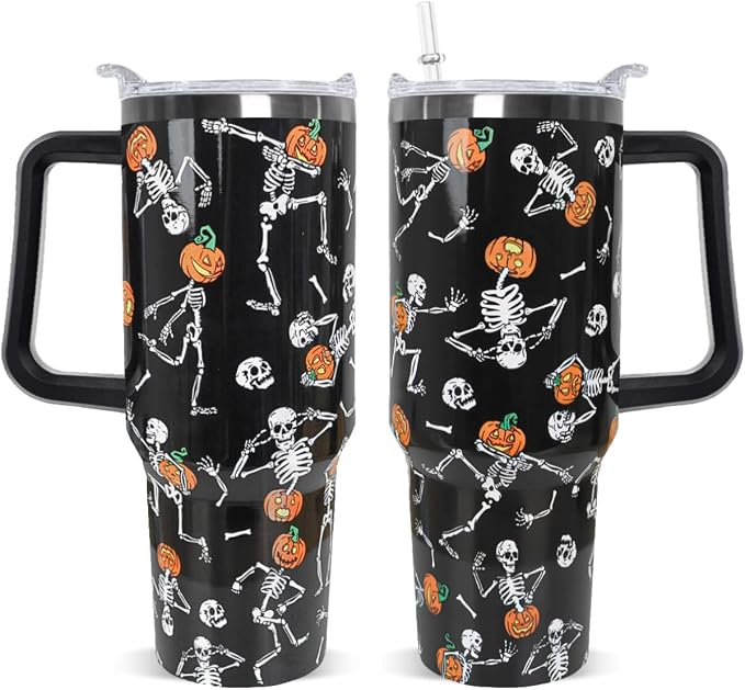 Halloween Tumbler 40oz Skull Tumbler Ghost Spooky Leak Proof Cups with Handle and Straw Insulated Water Bottle Skeleton Coffee Travel Mugs for Halloween Decor Gifts for Women Men (1PCS) - skull bottle