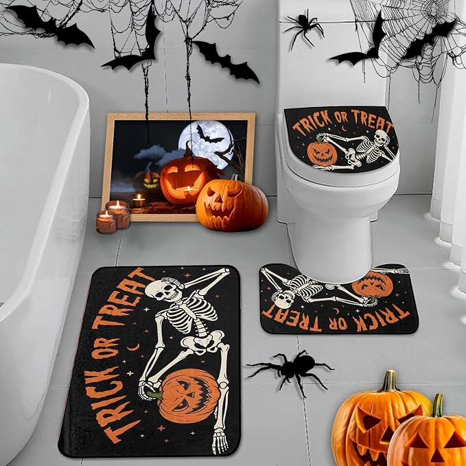 Arttown Bathroom Rug Set of 3,Bath Mats Halloween Pumpkin Skeleton - skull toilet mat