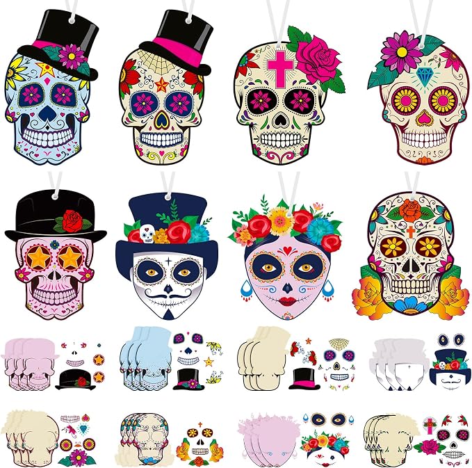 Sumind 48 Sets Day of Dead Decorations Sugar Skull Crafts Kits for Kids Dia De Los Muertos Decor Halloween Ghost Ornaments Halloween Day of Dead Fiesta Party Supplies Fun Home Activities Classroom - sugar skull ornament