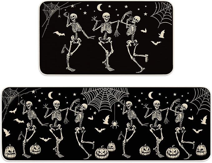 JarThenaAMCS Halloween Skeleton Kitchen Mats Spider Pumpkin Bat Welcome Floor Mat Non-Slip Black Door Rugs for Indoor Outdoor Bathroom, 17 x 29 Inch & 17 x 47 Inch - skull floor mat