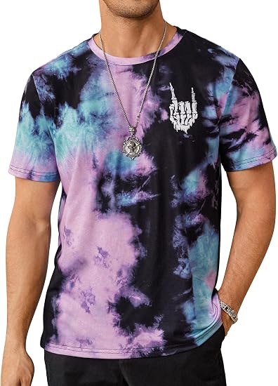 Hardaddy Men's Casual Tie Dye T-Shirts Short Sleeve Round Neck Graphic Tee Rock Band Tee Shirts - skull tshirt